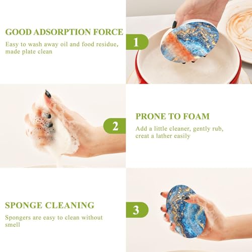 YETTASBIN Marble 3PCS Wood Pulp Scrub Sponges, Reusable Absorbent Household Cleaning Sponge Non-Scratch Kitchen Dish Sponges, Multi-Surface Safe Scrubber for Nonstick Pans, Pots