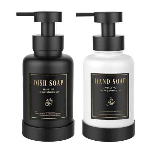 Luxspire Foaming Soap Dispenser, Glass Foam Pump Soap Dispenser, Non-Slip Hand Soap Bottle with 5 Waterproof Labels, 15 Oz Refillable Liquid Soap Bottle for Bathroom & Kitchen, Black+White, 2 Pack - color: Black + White
