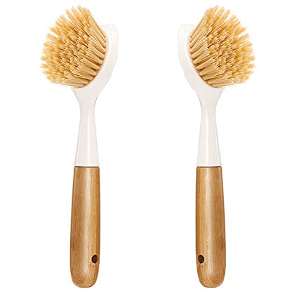 2 Pack Kitchen Dish Brush Bamboo Handle Dish Scrubber Built-in Scraper, Scrub Brush for Pans, Pots, Kitchen Sink Cleaning, Dishwashing and Cleaning Brushes are Perfect Cleaning Tools, White - style: White