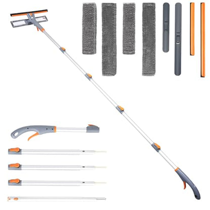 Eazer 3-in-1 Spray Window Squeegee Cleaner, 76" Window Washing Kit with 5-Section Extension Pole, Microfiber & Chenille Pads, Glass Wiper for Indoor/Outdoor & Car