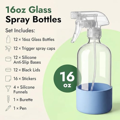 GIRAVO Glass Spray Bottles for Cleaning, 12 Pack 16 oz Refillable | Glass Mister Bottles, Silicone Sleeves, Adjustable Nozzles, Labels & Funnel Included, For Home, Plants, Hair