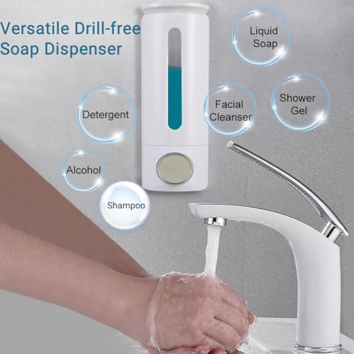 Soap Dispenser Wall Mount 17oz Drill Free ABS Hand Soap Shower Dispenser with Adhesive and Screws No Leakage Shampoo and Conditioner Dispenser Large Capacity for Bathroom Kitchen-White,1PACK