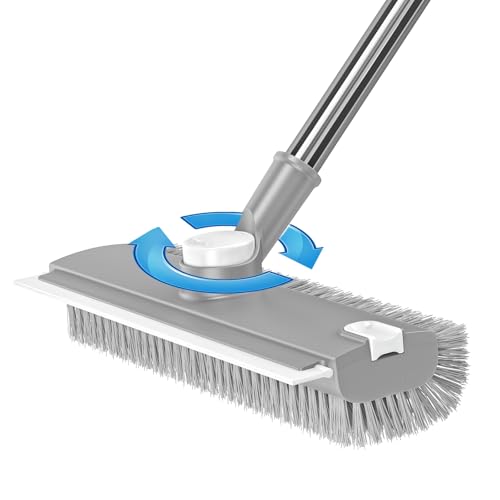 Floor Scrub Brush with Long Handle: 3 in 1 Heavy-Duty Floor Scrubber Brush with Squeegee for Cleaning Tile Bathroom Deck Kitchen Patio - Gray - color: Gray