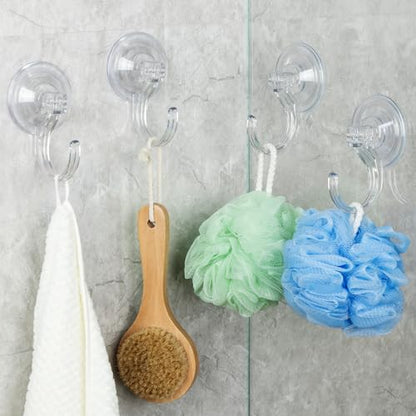 4-Pack Suction Cup Hooks for Shower, Extra Large Clear 1.9" Shower Suction Hooks, Heavy Duty 18 Lb, Reusable & Removable Plastic Wreath Hanger for Windows, Glass, Bathroom, Loofah, No Tools, No Damage