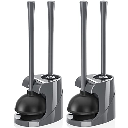 Toilet Plunger and Brush, Bowl Brush and Heavy Duty Toilet Plunger Set with Ventilated Holder, 2-in-1 Bathroom Cleaning Combo with Modern Caddy Stand for 5.7-inch Toilet Drain(Grey, 2 Set) - color: Gray