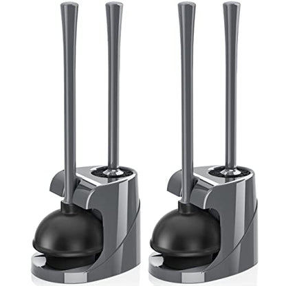 Toilet Plunger and Brush, Bowl Brush and Heavy Duty Toilet Plunger Set with Ventilated Holder, 2-in-1 Bathroom Cleaning Combo with Modern Caddy Stand for 5.7-inch Toilet Drain(Grey, 2 Set) - color: Gray