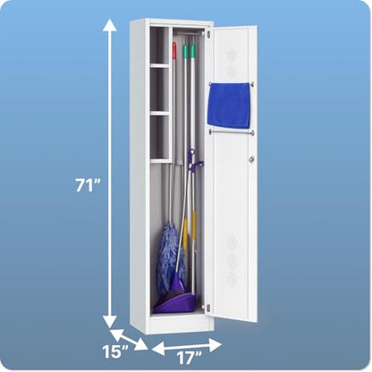 Metal Cleaning Cabinet with Lock – Broom Storage Cabinet with Tool Holders & Shelves – Slim Steel Utility Cabinet for Broom, Mop & Household Supplies – Grey
