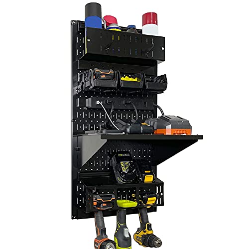 Wall Control Power Tool Storage Organizer Kit Cordless Drill Holder Charging Station Rack 16” x 32” Metal Pegboard Organization System (Black Pegboard) - color: Black Pegboard