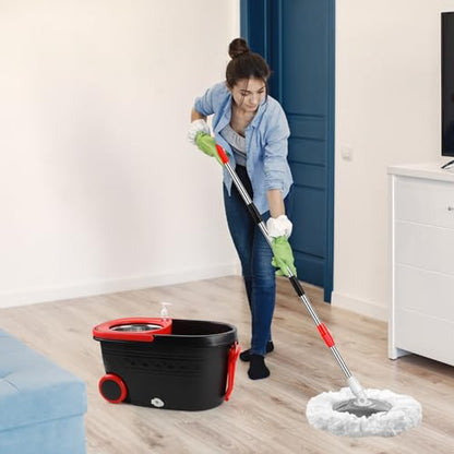Mop and Bucket with Wringer Set, 360° Rotating Mop Bucket System with 3 Microfiber Mop, Stainless Steel Floor Cleaning System with Dual Mode, Black&red