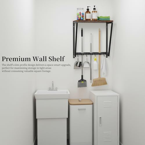 Broom Holder Wall Mount with 3 Storage Slots & 4 Utility Hooks, Rustic Wood All-in-One Mop Hanger, Cleaning Supplies Organizer and Tool Storage Rack for Laundry Room, Kitchen, Garage, Garden, Closet