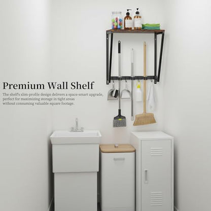 Broom Holder Wall Mount with 3 Storage Slots & 4 Utility Hooks, Rustic Wood All-in-One Mop Hanger, Cleaning Supplies Organizer and Tool Storage Rack for Laundry Room, Kitchen, Garage, Garden, Closet