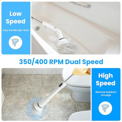Moclever Electric Spin Scrubber – Cordless, Rechargeable, 400RPM Powerful Cleaning Brush with 6 Replaceable Heads, 2-Speed Adjustment & Extendable Handle for Bathroom, Tile, and Grout
