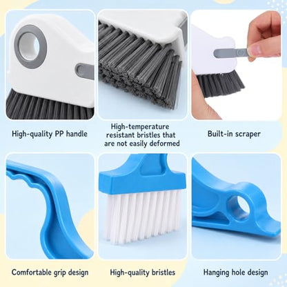 2 Pcs Window Track Cleaner Brush, Window Sill Cleaner Tool with Scraper, Multifunctional Hard Bristle Grip Brush for Sliding Door Track, Windows Sill, Windows Seal