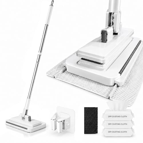 Hands-Free Multi-Purpose Flat Mop, Shark Tooth Triple Grip Built-in Rubber Squeegee for Window One Button Automatic Release Flat Mop Washable Reusable Microfiber Cloth,6×40 in,3 Pack Cloth - color: With 3 Pack Cloth, size: 6×40 in