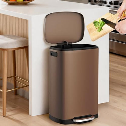 ELPHECO LPHECO Kitchen Trash Can with Lid Soft Close, 13 Gallon / 50L Stainless Steel Pedal Garbage Can, Heavy-Duty Step Wastebasket with 20 Bags, Removable Bucket, Home Office, Kitchen, Brown - color: Brown