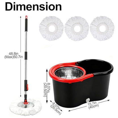 Spin Mop and Bucket with Wringer Set, 360°Rotating Head Mop Bucket System, 3 Replacement Mop Heads for Floor Cleaning (Black & Red) (Three mop Heads)