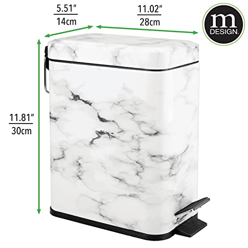mDesign Small Modern 1.3 Gallon Rectangle Metal Lidded Step Trash Can, Compact Garbage Bin with Removable Liner Bucket and Handle for Bathroom, Kitchen, Craft Room, Office, Garage - White Marble - color: White Marble, size: 1.3 Gallon