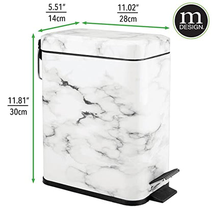 mDesign Small Modern 1.3 Gallon Rectangle Metal Lidded Step Trash Can, Compact Garbage Bin with Removable Liner Bucket and Handle for Bathroom, Kitchen, Craft Room, Office, Garage - White Marble - color: White Marble, size: 1.3 Gallon
