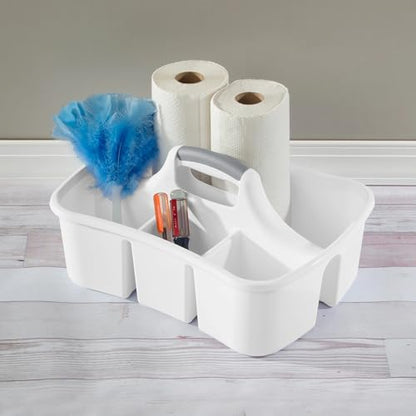 Easy Carry White Plastic Utility Storage, 4 Divided Compartments Under Sink Cleaning Caddy, 17.75"x13.25"x8.88" with Curved Grip Handle & High Side Walls, for Bathroom Kitchen Laundry Room