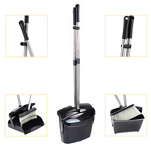 Broom and Dustpan Commercial Long Handle Sweep Set and Lobby Broom Upright Grips Sweep Set with Home Kitchen Room Office and Lobby Floor Black