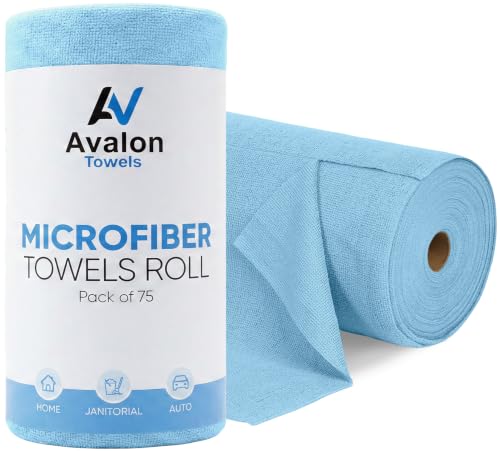 Avalon Towels Microfiber Cleaning Cloth Roll (Value Pack of 75) - Size 12x12 Inches, Tear Away Microfiber Towel Rolls, Highly Absorbent, Reusable, Lint and Streak Free Cleaning Rags for Home - color: Blue