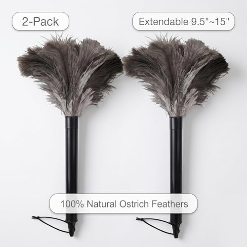 2 Pcs Ostrich Feather Duster Retractable Feather Dusters for Cleaning, Washable, Handheld Duster for Home, Car, Office, Desk, Blinds & Keyboard