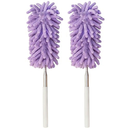2Pcs Mini Duster for Cleaning, Microfiber Duster with Extendable Pole, Washable Small Duster, Cleaning Tools for Office, Car Interior, Window, Furniture, Computer (Purple)