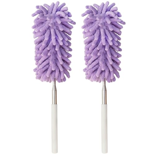 2Pcs Mini Duster for Cleaning, Microfiber Duster with Extendable Pole, Washable Small Duster, Cleaning Tools for Office, Car Interior, Window, Furniture, Computer (Purple)