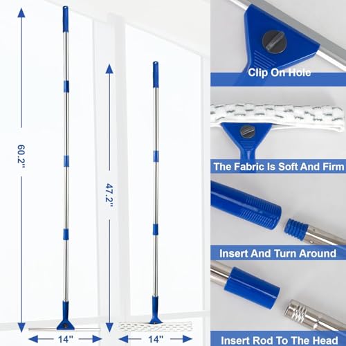 59" Long Reach Window Squeegee with 14" Double-Layer Rubber Blade & 2 Replacement Cloths - Stainless Steel Handle for High Windows, Car Glass & Mirrors