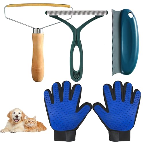 Pet Hair Remover Tool 5-Pack, Dog Cat Hair Remover with 1Pair Pet Grooming Gloves, Lint Shaver Cleaner Pro, Portable Carpet Scraper for Carpets, Clothes, Car Mats, Couch, Pet Bed