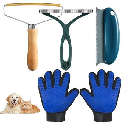 Pet Hair Remover Tool 5-Pack, Dog Cat Hair Remover with 1Pair Pet Grooming Gloves, Lint Shaver Cleaner Pro, Portable Carpet Scraper for Carpets, Clothes, Car Mats, Couch, Pet Bed