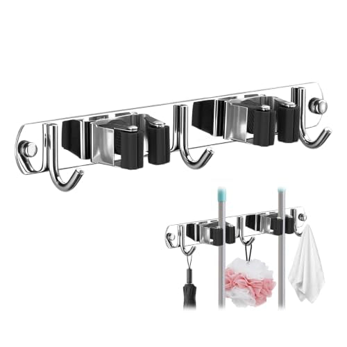 Upgrade Broom Holder Wall Mount, 304 Stainless Steel Mop & Broom Storage Organizer with Hooks, Self-Adhesive or Screw Install for Bathroom Garage Kitchen (Black, 2 Racks and 3 Hooks) - color: Black, size: 2 Racks and 3 Hooks