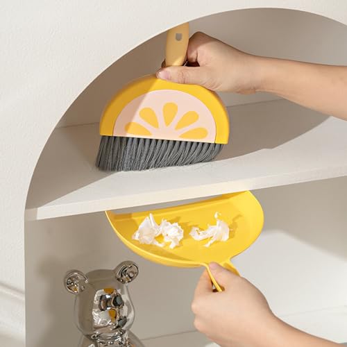 Mini Dustpan and Broom Set Compact Watermelon Lemon Small Hand Dustpan and Brush Kit Cute Fruit Shape Table Crumb Sweeper Cleaning Tools for Desk, Countertop, Sofa, Key Board Office, Kitchen (Yellow) - color: Yellow