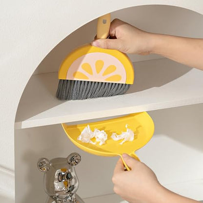 Mini Dustpan and Broom Set Compact Watermelon Lemon Small Hand Dustpan and Brush Kit Cute Fruit Shape Table Crumb Sweeper Cleaning Tools for Desk, Countertop, Sofa, Key Board Office, Kitchen (Yellow) - color: Yellow