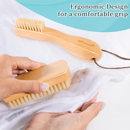 BFWood Laundry Stain Brush - Natural Soft Boar Bristle for Scrubbing Out Tough Stains on Delicate Fabrics, Knits, Cotton, Linens, No Damage (Set-2PCS) - style: Set-2PCS