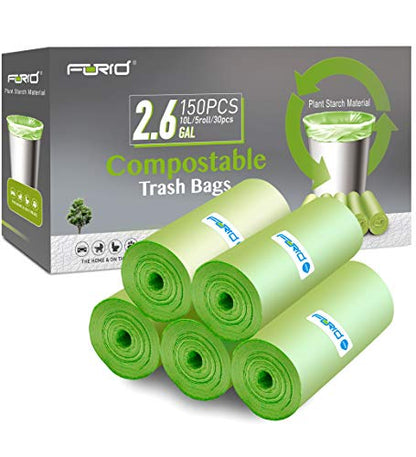FORID 2.6 Gallon Compostable Garbage Bags, 150 Count, 5 Rolls – Green, Small, Durable, Thick, Unscented Trash Bags, 10 Liter - For Kitchen, Bathroom, Home, Office - style: 2.6 Gal (150 Count)