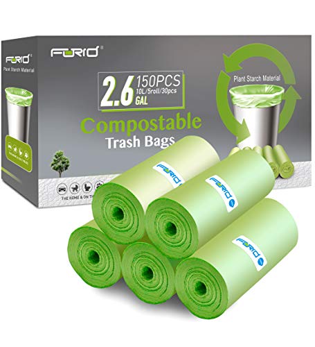FORID 2.6 Gallon Compostable Garbage Bags, 150 Count, 5 Rolls – Green, Small, Durable, Thick, Unscented Trash Bags, 10 Liter - For Kitchen, Bathroom, Home, Office - style: 2.6 Gal (150 Count)