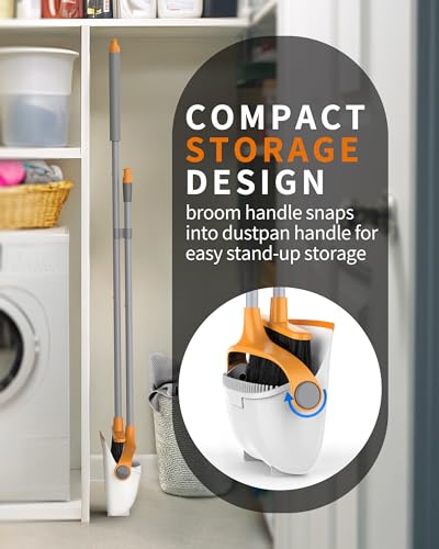 MR.SIGA Broom and Dustpan Set with Long Handle, Stand Upright Broom with Dustpan Combo for Cleaning Office, Garage, Lobby, Lightweight Sweeping Set, 51.7"(131 cm) Long Handle, White & Orange - color: White & Orange