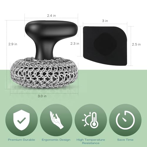 Cast Iron Scrubber | Dish Scrub Brush | 316 Cleaner Chainmail Scrubber for Cast Iron Pan Skillet Cleaner - Dish Scouring Pad Dishwasher Safe Cleaning Kit, Black 02 - color: Black