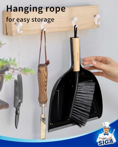 MR.SIGA Dustpan and Brush Set, Portable Cleaning Brush and Dustpan Combo with Bamboo Handle, Black, 1 Set - color: Black