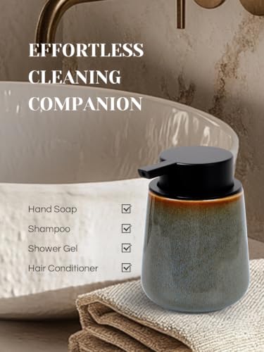 INGOFIN Ceramic Foaming Soap Dispenser -12oz Foam Hand Soap Dispenser Bathroom, Modern Refillable Dish Wash Soap Bottle for Kitchen with Large Pump -Kiln-Glazed Green - color: Kiln-glazed Blue Green-foam