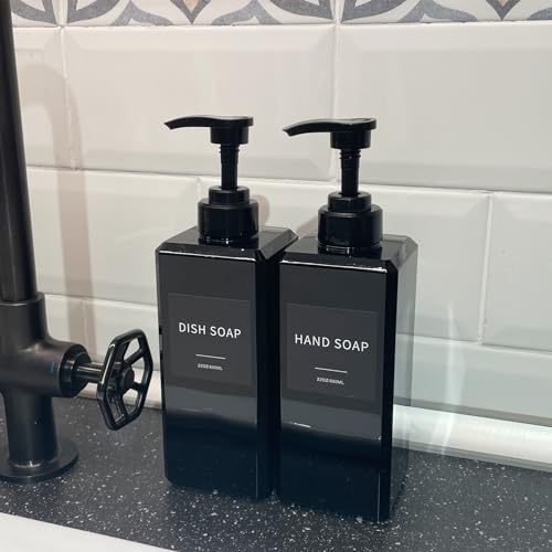 Black Soap Dispenser with Waterproof Labels, Thickened Plastic Hand Soap Dispenser for Bathroom, Kitchen Dish Washing Liquid Bottles, Shampoo and Conditioner Bottles with Funnel (22oz 4Pack Black) - color: 22oz 4 Pack Black