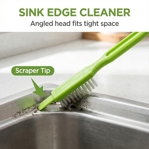 Crevice Cleaning Brush Set, Green 3-Piece Floor Gap and Detail Scrubber Kit with Hand Grip Cleaner and Narrow Angled Head, for Tile Lines, Sink Edges, Baseboards Maintenance