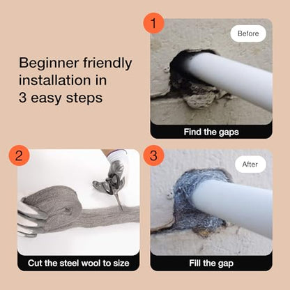Steel Wool Mice Control 3-pc, Mouse Hole Filler, Scissors & Gloves, MaPorch | 22.5ft Total - Sharp, Strong & Expanding - Fits All Gaps - Immediate Install - Block Rats, Rodents, Bugs & Squirrels - size: 3-Pack
