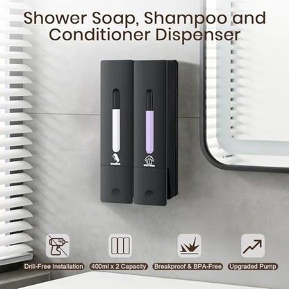 2 Chamber Shampoo and Conditioner Dispenser, No Drill - Wall Mounted Shower Soap Dispenser, Refillable Body Wash Dispenser Set 2, 800ML Capacity, for Bathroom & Hotel, Black - color: Black Set of 2