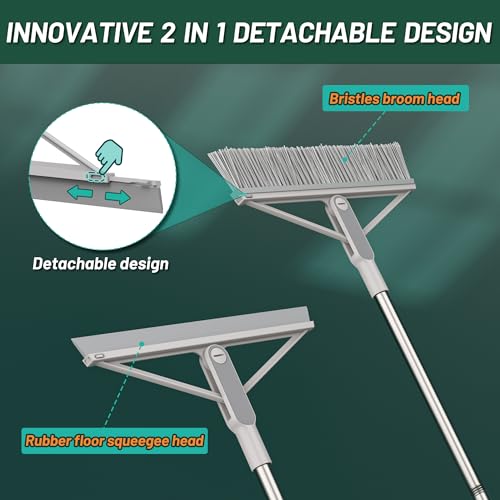 KOLLIEE 2 in 1 Floor Squeegee Broom Set Window Long Handle Rubber Squeegee Brush Mop Kit with Adjustable Handle 120° Rotating Angle Head for Wet Room Hard Floor Outdoor - size: Grey Broom and Floor Squeegee