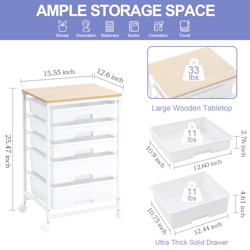 SYKIARIOL Utility Cart with 5 Drawers,Storage Drawer Cart with Wooden Tabletop and Lockable Wheels,Craft Storage Trolley Cart,5-Tier Rolling Utility Cart on Wheels,Bright White - color: Bright White