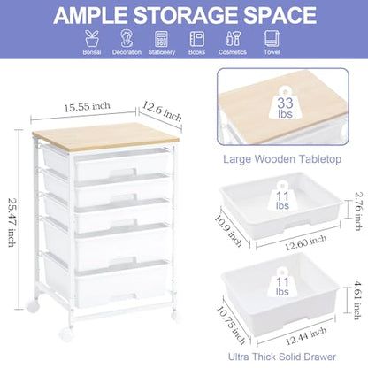 SYKIARIOL Utility Cart with 5 Drawers,Storage Drawer Cart with Wooden Tabletop and Lockable Wheels,Craft Storage Trolley Cart,5-Tier Rolling Utility Cart on Wheels,Bright White - color: Bright White