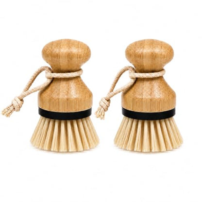 Kitchen Simple Bamboo Palm Brush Set, 2 Pack Dish Scrub Brushes for Pots, Pans, Dishes, Sink & Vegetable Cleaning, Durable Bristles, Bamboo Handle, Black Accent & Cotton Hanging Loop