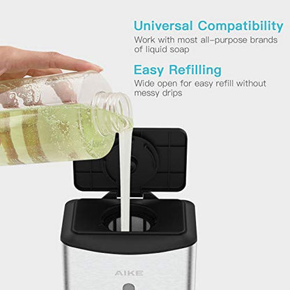 AIKE Automatic Soap Dispenser Commercial Wall Mounted Liquid Dispenser Brushed Stainless Steel Finish 1100ml Large Capacity - color: Brushed Stainless Steel